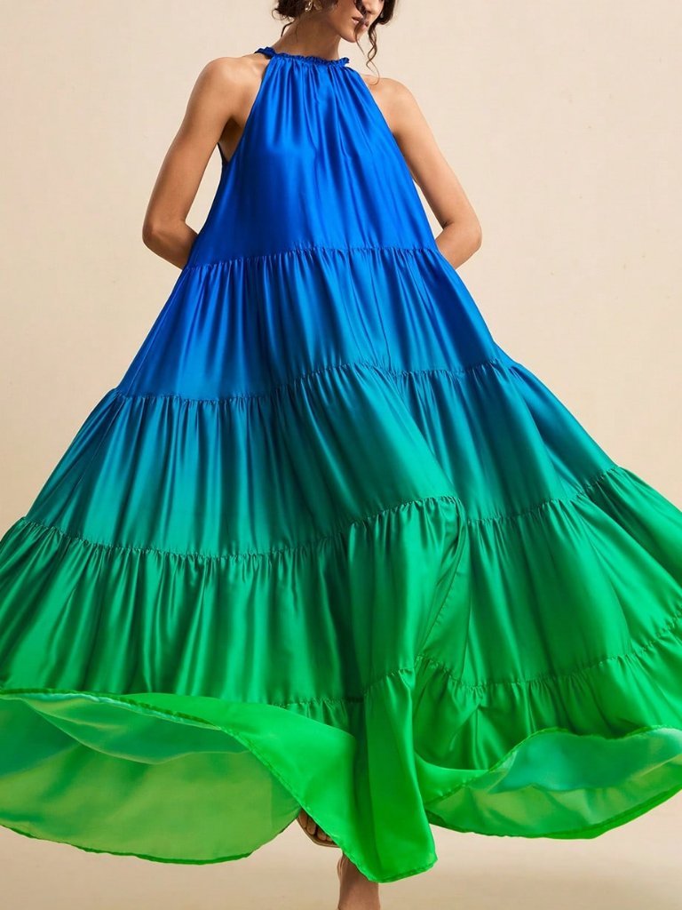 Multicolor Elegant Women's Ombre Sleeveless Halter Tie Neck Maxi Dress